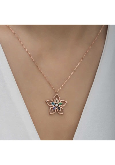Gümüş Rose Renkli Taşlı Çiçek Kadın Kolye