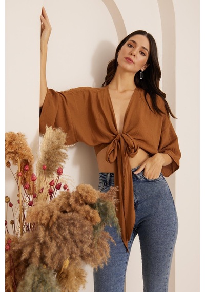 Darlin Moda Kahverengi Önden Bağlamalı Crop Kimono Dm7004 Kahverengi