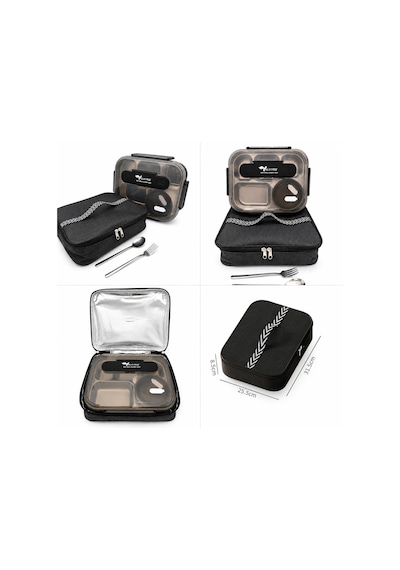Valkyrie 304 Paslanmaz Çelik Lunch Box 2400 Ml Termal Taşıma Çantalı 5 Bölmeli Sızdırmaz Yemek Kabı Çatal Kaşık Dahil Siyah