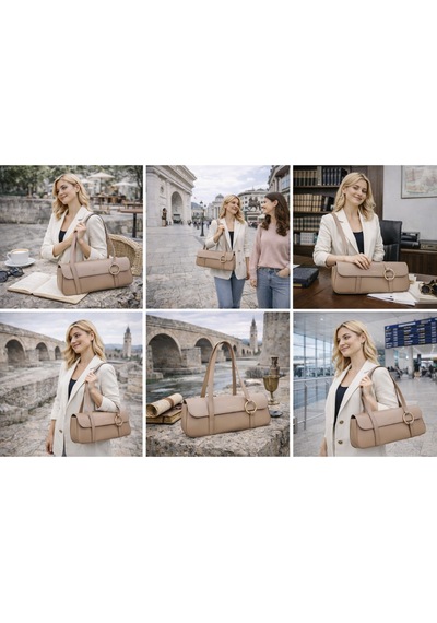 Dukidaso Bej Gold Halka Detaylı Kadın Omuz Çantası Bej T8314