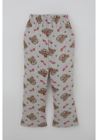 Breeze Kız Çocuk Pijama Takımı Sevimli Fiyonklu Ayıcık Desenli 7-11 Yaş, Açık Gri Melanj