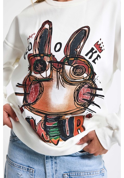 Kadın Beyaz W5 Oversize Baskılı %100 Koton Organik Kumaş Sweatshirt