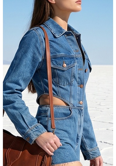Fashion Cocktail Yanları Kesik Tasarım Uzun Kol Beli Açık Gömlek Yakalı Yırtık Paça Düğmeli Ceket Görünümlü Cut Out Pencereli Oymalı Mavi Kot Mini Tulum Fashion Cocktail Yanları Kesik Tasarım Uzun Kol Beli Açık Gömlek Yakalı Yırtık Paça Düğmeli Ceket Görünümlü Cut Out Pencereli Oymalı Mavi Kot Mini Tulum