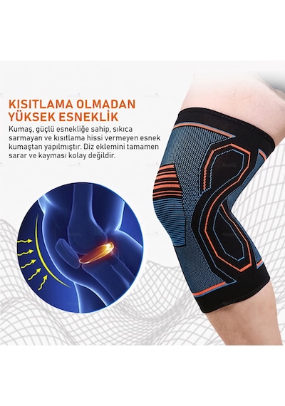Esnek Ve Sıkmayan Dikişsiz Antrenman Dizliği - Kaymaz Silikonlu Ortopedik Fitness, Voleybol, Basketbol Spor Dizlik 1 Adet Mavi - Turuncu