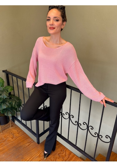Ali Butik Pembe Oval Yaka Dökümlü Triko Pembe