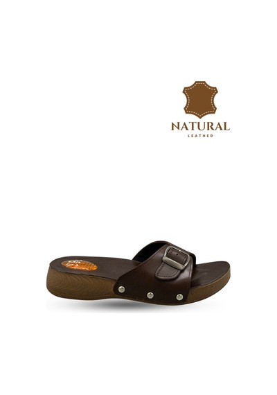 Sermoda Hakiki Deri Kadın Terlik - Halluks Valgus Destekli Jel Taban Kadın Terlik Kahve