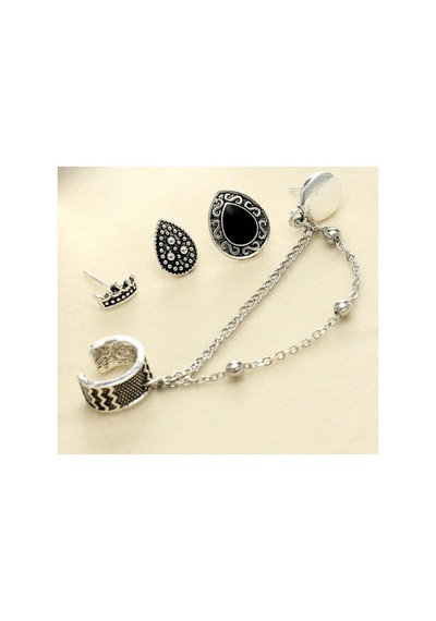 Lunarie Gümüş Kaplama Siyah Taşlı Vintage Ear Cuff Seti Küpe