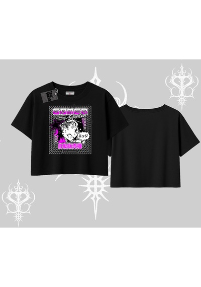 Tarzsokak Oversize Crop Tshirt Games Schoolgirl Anime Baskılı Siyah