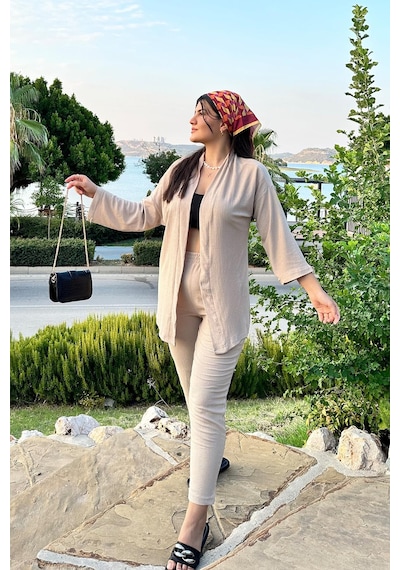 Taş Renk Cep Detaylı Dar Paça Kimono Takım Taş