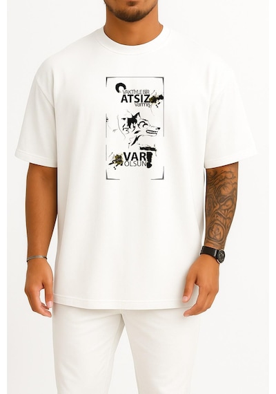 Bahriyeli Collection Oversize Vaktiye Bir Atsız Varmış Nihal Atsız Göğüs Tasarımlı Unisex T-shirt Beyaz
