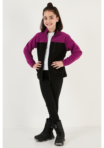 Lela Yumuşak Dokulu Fermuarlı Renk Bloklu Dik Yaka Cepli Hırka Unisex Çocuk Polar 5905001 Mor-Siyah