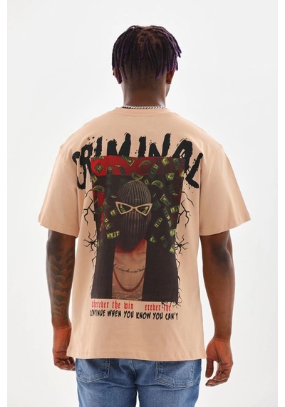 Barlashive Erkek Baskılı T-shirt Kısa Kol Bisiklet Yaka Rahat Kalıp Tişört - Bej Çok Renkli