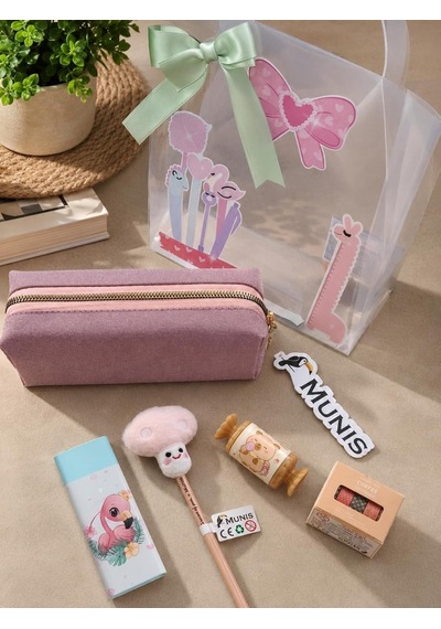 Sevimli Simli Kırtasiye Seti/glitter Kalem Kutusu, Hb Kalem, Silgi, Washi Bantlar, Kalemtıraş Pembe