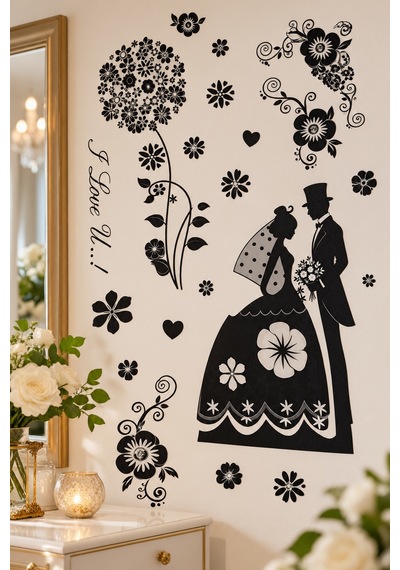 3d Simli Gelin Damat Duvar Stickerı 32x50 Cm Siyah Beyaz Çiçekli Düğün Nişan Duvar Dekorasyonu Renkli