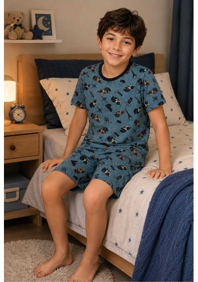 Tenra Erkek Çocuk Pamuklu Şortlu Pijama Takımı 3-12 Yaş Turkuaz