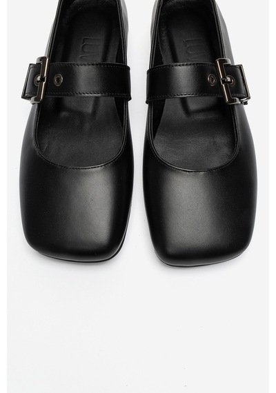 Luvi Shoes Jonas Siyah Cilt Hakiki Deri Kemerli Kadın Babet Ayakkabı