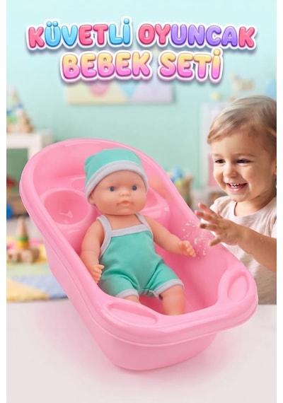 Küvetli Bebek Banyo Seti 25 Cm Oyuncak Bebek Ve Küvet Aksesuarlı Tam Set Yeşil