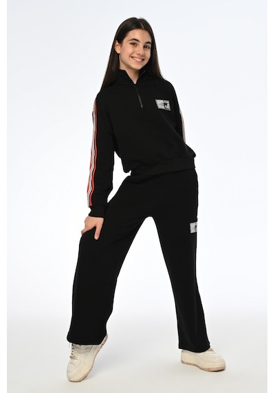 Kız Çocuk Yarım Fermuarlı Kolları Şeritli Dik Yaka Sweatshirt-13399-siyah Siyah