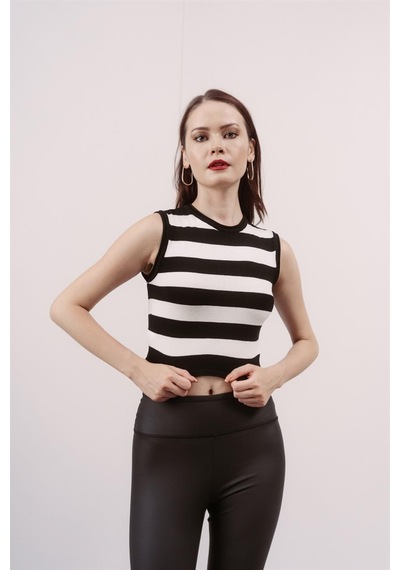 Livanomi Siyah Çizgili Crop Bluz - Siyah