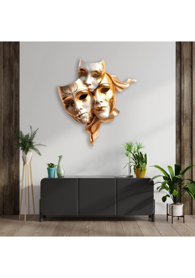 Altın Tiyatro Maskeleri - Metal Tablo - Dec0097 58 X 65 Cm Çok Renkli
