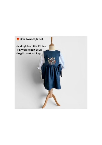 Bebe Nakış İşlemeli Denim Kot Elbise Seti Mavi