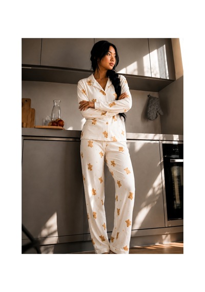 Fit Women Kadın Düğmeli Gömlek Yaka Ev Giyimi Beyaz Pijama Takımı
