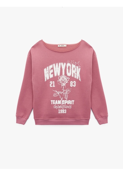Koton Rahat Kalıp Şardonlu Uzun Kollu Geniş Yuvarlak Yaka Baskılı Sweatshirt Pembe 6wal10668ık Gülkurusu