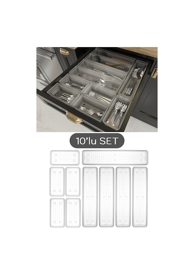 Meleni Home 10'lu Modüler Set Kaşıklık Çekmece Içi Düzenleyici Çatal Kaşık Bıçak Düzenleme Organizeri Şeffaf