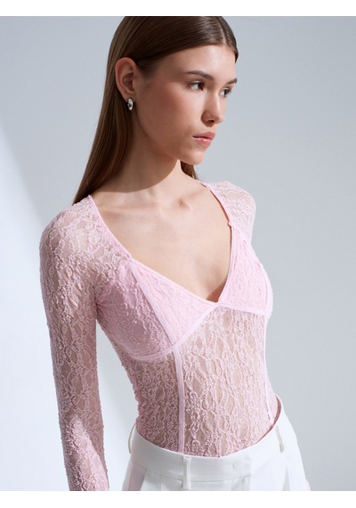 Dilvin 32625 Dantel Şerit Detaylı Top-açık Pembe