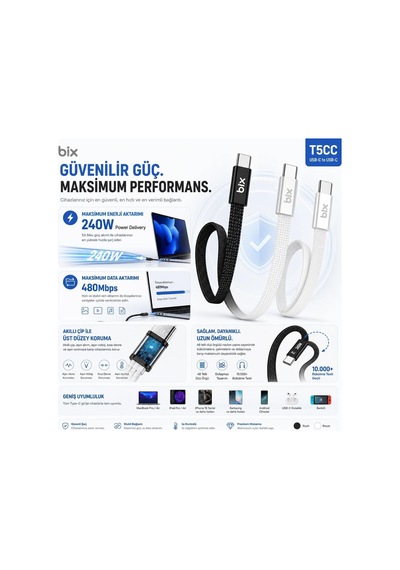 Bix T5cc-wt Beyaz 1 Metre 240w Type-c To Type-c Örgülü Hızlı Şarj Ve Data Kablosu, 480mbps 240w Type C Turbo Şarj Kablosu, Tüm Type C Telefon Ve Tabletlerle Uyumludur Max 48v 5a