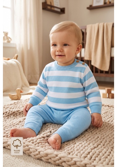Minory Baby Çizgili 2 Li Triko Bebek Takımı Mavi Mavi
