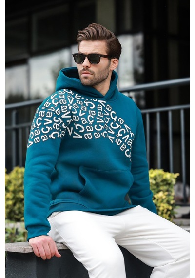 Madmext Petrol Yeşili Baskılı Kapüşonlu Erkek Sweatshirt E7160 Petrol Mavi