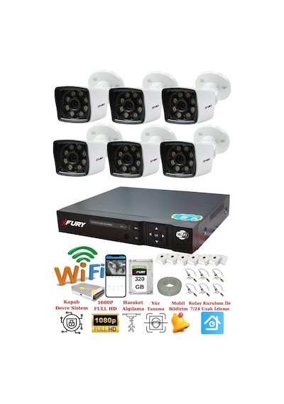 Fury 6 Kamera 5mp Lens 1080p 2mp Color Görüntü 8 Warm Led Gece Görüş Fullhd Güvenlik Kamera Sistemi 5525w 320gb