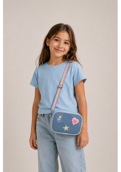 İcone Bag Denim Nakışlı Kız Çocuk Omuz Çantası, Denim İşlemeli Kız Çocuk Çantası, Kot Çocuk Çanta Mavi