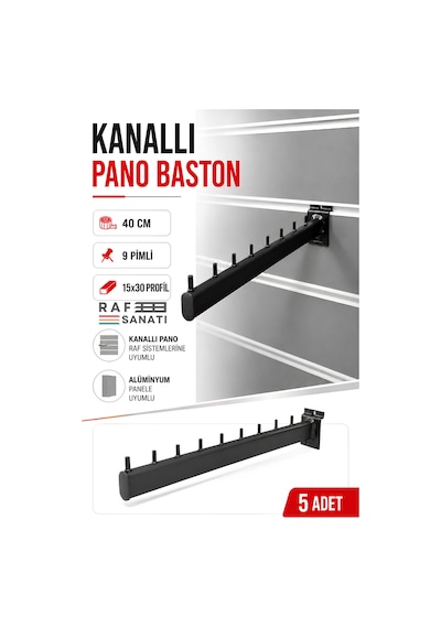 5 Adet - Kanallı Pano Baston Askılık 40 Cm Alüminyum Panel Uyumlu Mağaza Raf Askı Aparatı Siyah