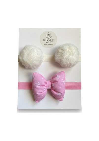 Kız Bebek Fiyonklu & Ponponlu Bandana - Saç Bandı 2'li Set Ekru - Pembe Fiyonk Ekru - Pembe Fiyonk