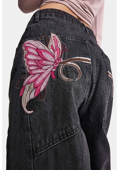 Kadın Koyu Füme 2w6-1 Mega Barrel Fit Nakış Özel Tasarım Denim Jean