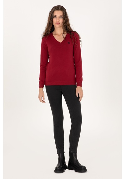 U.S. Polo Assn. Kadın Kırmızı V Yaka Basic Kazak 50313590-VR104 U.S. Polo Assn. Kadın Kırmızı V Yaka Basic Kazak 50313590-VR104