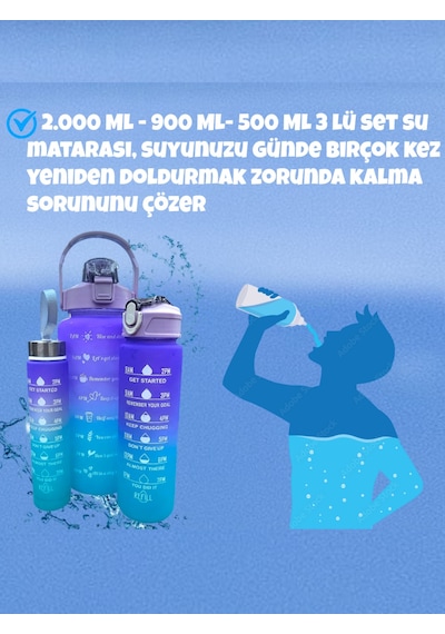 3'lü Set Bpa İçermez Motivasyonel Mor Su Mataraı,su Şişesi 2lt,7
