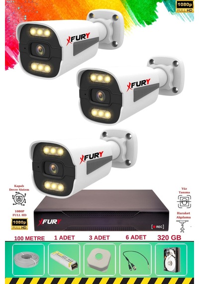 Fury 3 Kameralı 6 Warm Led Gece Renkli Görüş-cepten İzle-su Geçirmez Güvenlik Kamerası Seti 320gb