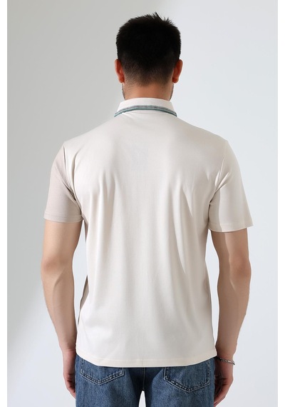 Rıbana Classıc Erkek Çizgili Şerit Detaylı Pamuklu Polo Yaka T-shirt Ekru
