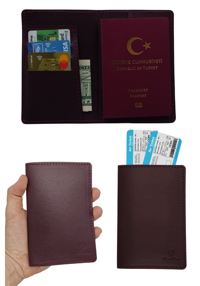 Deri Pasaportluk Kredi Kartlıklı Para Bölmeli Pasaport Kılıfı Bordo