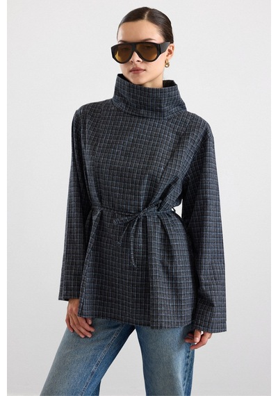 Olcay Degaje Yaka Oversize Kareli Bluz Antrasit 9839