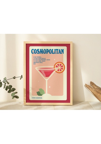 Cosmo Alkol Posteri, Minimalist Kozmopolit, Mutfak Bar Dekoru, Kırmızı Kokteyl Posteri