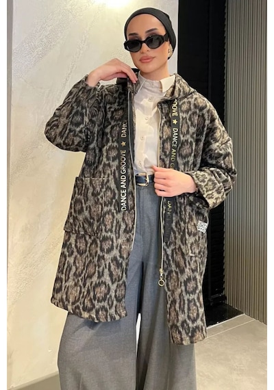 Kapşonlu Leopar Desenli Uzun Kaşe Ceket LEOPAR