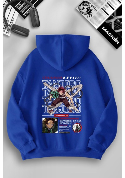 Macklin Unisex Kadın Erkek Tanjiro Kamado Ön Ve Arka Baskılı Özel Tasarım Kapşonlu Sweatshirt Mavi Mck1225 Mavi