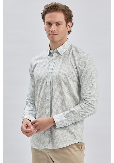 İmza Koyu Haki Kısalabilir Kol Baskılı Düğmeli Yaka Cepsiz %97 Pamuk %3 Elastane Klasik Slim Fit Gömlek 1004240116 Koyu Haki