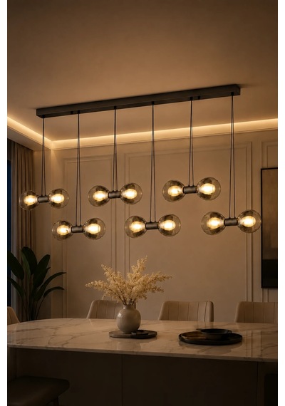 Eskitme Premium Led Füme Cam Sarkıt Avize Yemek Masası Salon Avizesi 12x20w