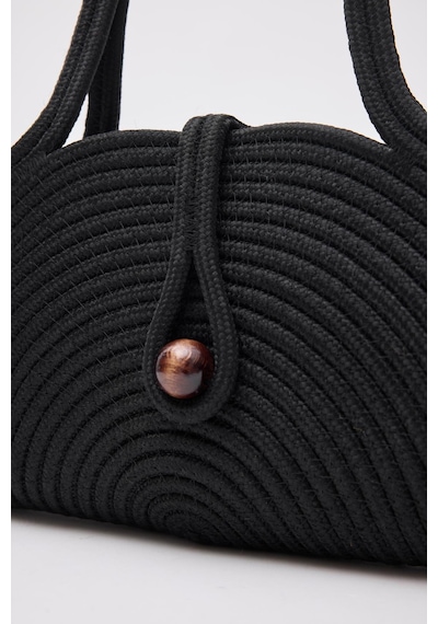 Shule Bags Paper Düğmeli Handmade Hasır Omuz Çantası Siyah Siyah