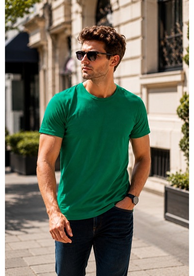 Luxıc Core Erkek Slim Fit Yeşil Bisiklet Yaka Pamuk Penye Günlük Rahat Basic Tişört